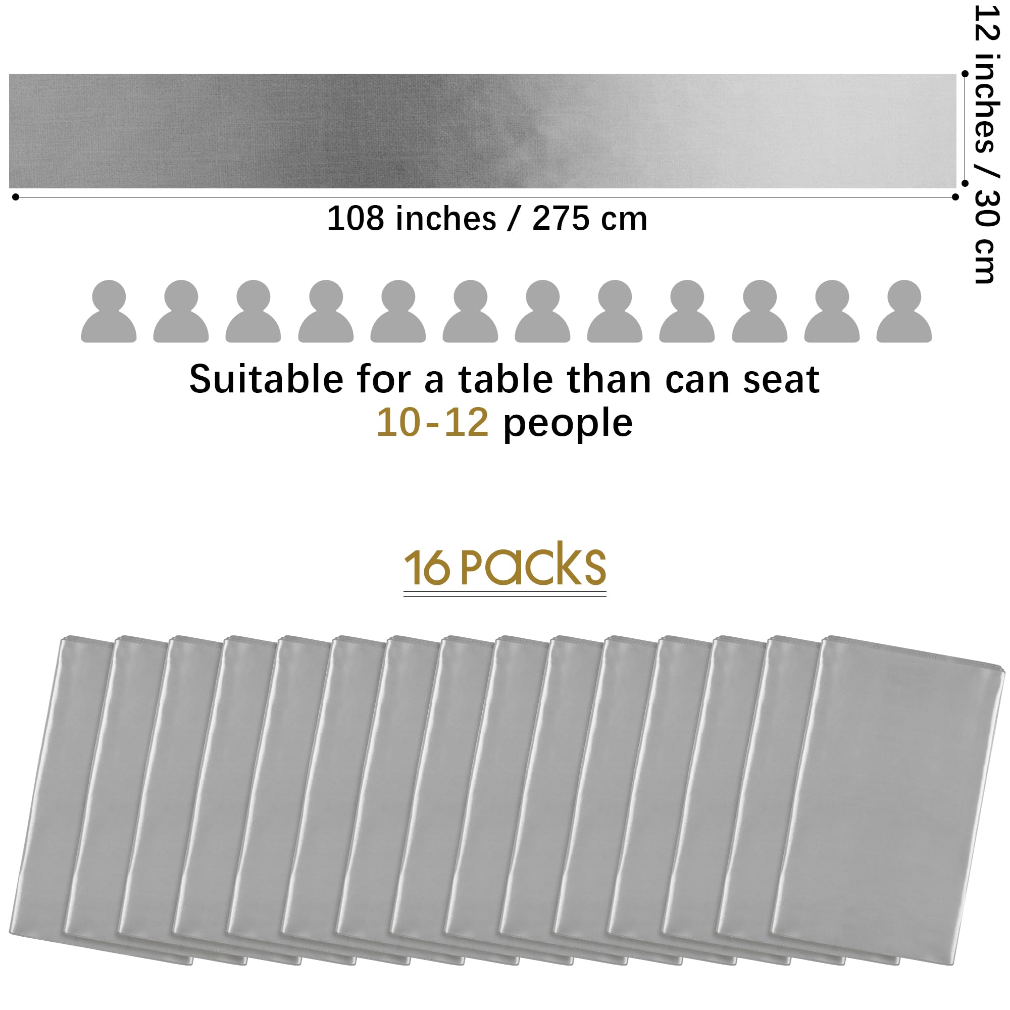 Aneco 16 Pack Satin Table Runner 12 X 108 Inch Silver Long Wedding Satin Silk Table Runner For Wedding Banquet Graduations Birth